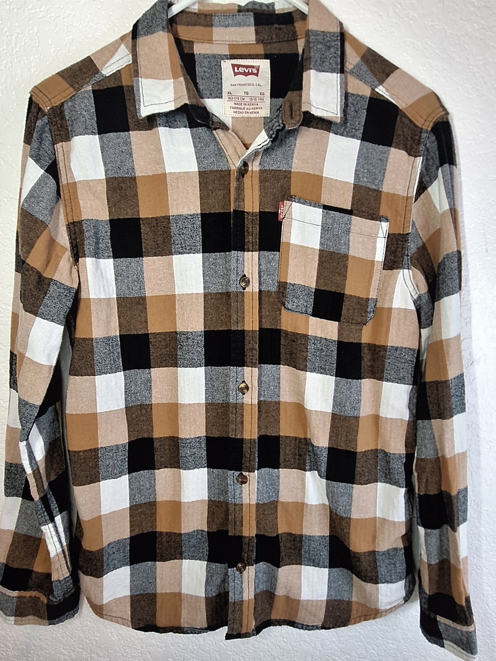 Levi's Boys XL (18/20) Plaid Flannel Long Sleeve Shirt Brown Black White